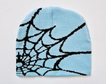 Vintage Brand New Y2K Light Blue & Black Spider Spiderweb Beanie
