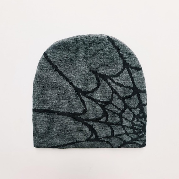 Vintage Brand New Y2K Dark Grey, Black Spider Spiderweb Beanie Hat