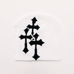 Vintage Brand New Y2K White & Black Crucifix Graphic Beanie Hat / Hat / Winter Hat / Skully / Unisex. Y2K hip hop punk skater skull cap