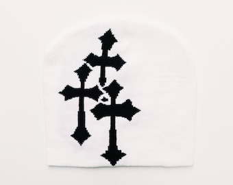 Vintage Brand New Y2K White & Black Crucifix Graphic Beanie Hat / Hat / Winter Hat / Skully / Unisex. Y2K hip hop punk skater skull cap