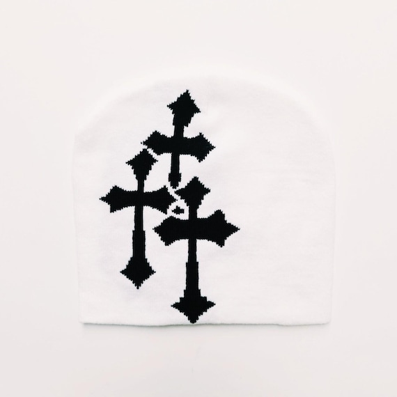 Vintage Brand New Y2K White & Black Crucifix Graphic Beanie