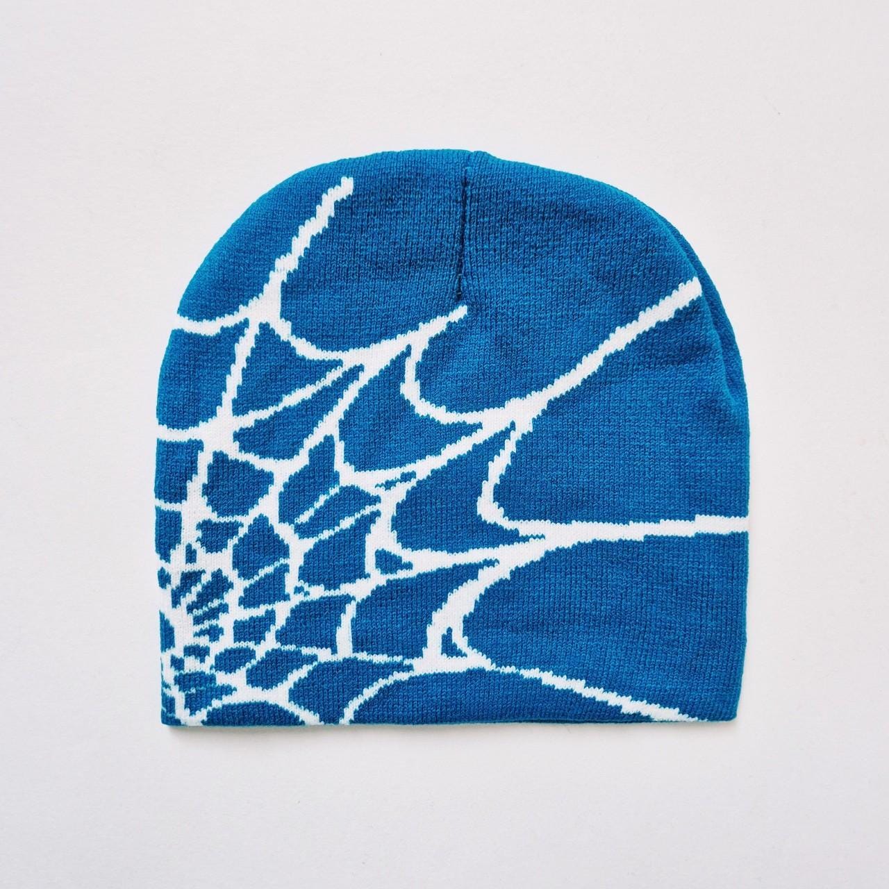 Vintage Brand New Y2K Blue & White Spider Spiderweb Beanie Hat