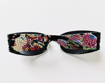 Okulary przeciwsłoneczne Ed Hardy w stylu vintage Y2K UNISEX / Okulary Ed Hardy / Okulary przeciwsłoneczne Ed Hardy. Szalone, haftowane, czarne okulary przeciwsłoneczne z kryształkami