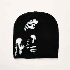 y2k work cap archive beanie black cap 平成 Vintage Brand New Y2K Black & White Abstract Graphic Beanie Hat