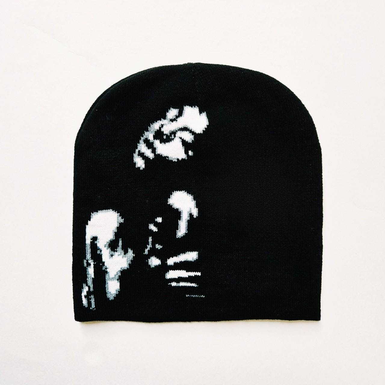 nutemperor beanie Black y2k ナットエンペラー Vintage Brand New Y2K Black & White Abstract Graphic Beanie Hat