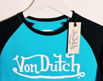 Maglietta vintage Von Dutch, nuova con etichette, da uomo e da adulto, blu raglan, taglia unica / T-shirt Von Dutch / Camicia Von Dutch / TAGLIE DISPONIBILI