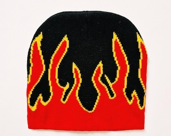 Brand New Y2K Black, Orange Flame Graphic Beanie Hat / Hat / Winter Hat / Skully / Unisex. Y2K hip hop punk skater skull cap