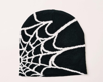 Vintage Brand New Y2K Black & White Spider Spiderweb Beanie Hat / Hat / Winter Hat / Skully / Unisex. Y2K hip hop punk skater skull cap