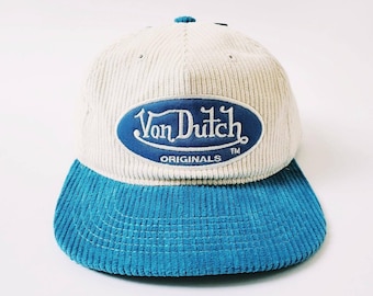 Vintage Cream And Blue Corduroy Von Dutch Cap / Von Dutch Cap / Von Dutch Trucker Cap / Von Dutch Snapback. Deadstock New With Tags