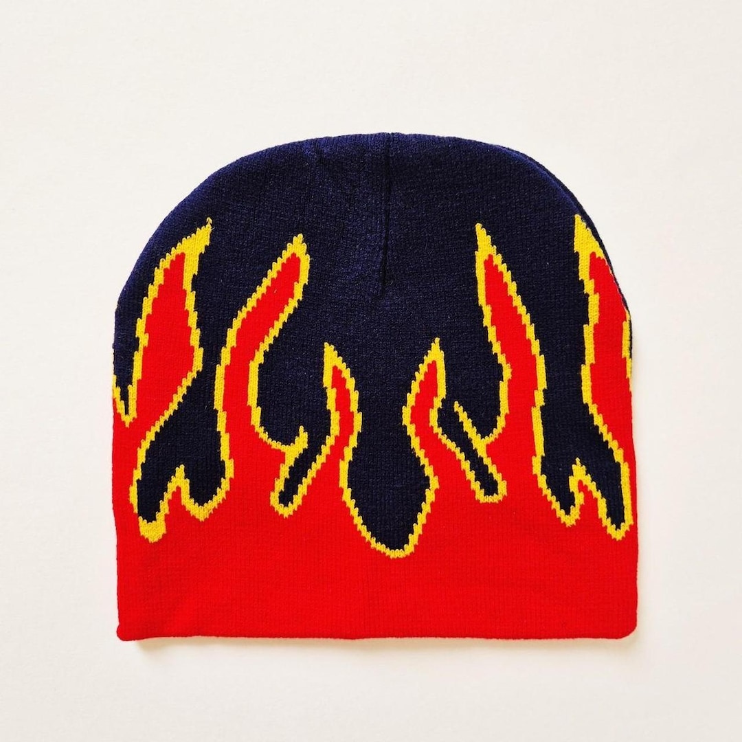 Brand New Y2K Navy Blue, Orange Flame Graphic Beanie Hat / Hat