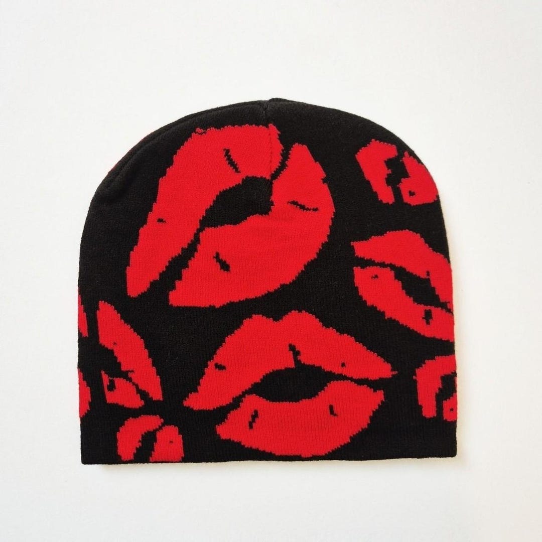 Vintage Brand New Y2K Black Red Lips Smooth Kiss Graphic Beanie