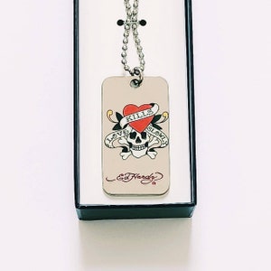 Vintage Brand New Unisex Y2k Stainless Steel 24&quot; Ed Hardy Dogtag Necklace / Ed Hardy Chain / Ed Hardy Pendant / Ed Hardy Love Kills Slowly