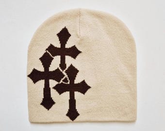 Vintage Brand New Y2K Black & White Crucifix Graphic Beanie Hat / Hat / Winter Hat / Skully / Unisex. Y2K hip hop punk skater skull cap