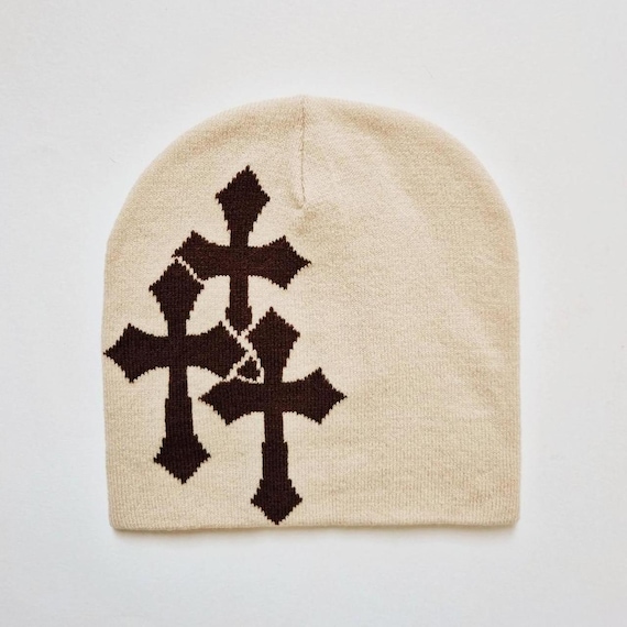 Vintage Brand New Y2K Black & White Crucifix Graphic Beanie