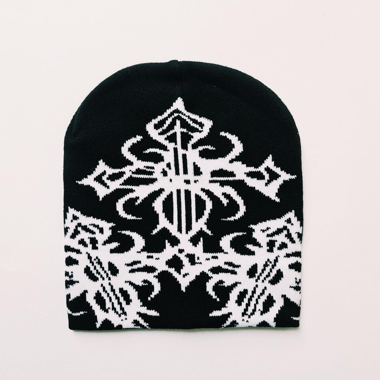 Vintage Brand New Y2K White & Black Jacquard Cross Pattern Beanie
