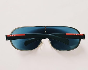 Vintage jaren 2000 Y2K Echte Unisex Blauw Getinte Prada Zonnebril / Retro Zonnebril / Prada Wrap Sunglases / Wrap Around