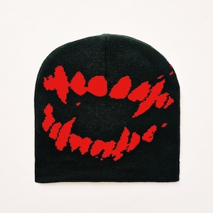 Vintage Brand New Y2K Black & Red Teeth Fangs Beanie Hat / Hat