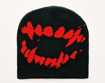 Vintage Brand New Y2K Black & Red Teeth Fangs Beanie Hat / Hat