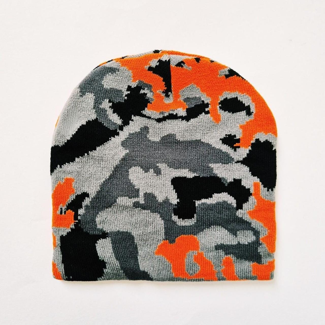 Brand New Y2K Camouflage Grey Orange Black Camo Print Beanie Hat