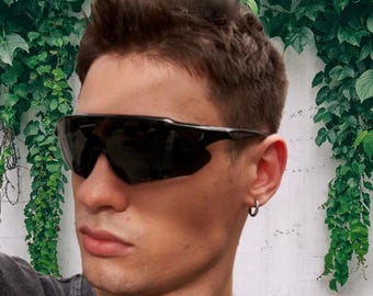 Vintage Unisex Y2K Style Schwarz Weiß Sport Wrap Rund Sonnenbrille / Wickelbrille / Sportbrille / Y2K Festival