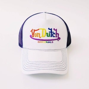 Vintage White and Rainbow Print Von Dutch Cap / Von Dutch Cap / Von Dutch Trucker Cap. Deadstock New With Tags