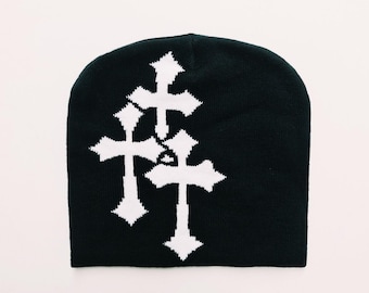 Vintage Brand New Y2K Black & White Crucifix Graphic Beanie Hat / Hat / Winter Hat / Skully / Unisex. Y2K hip hop punk skater skull cap