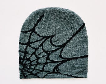 Gorro de invierno unisex, estilo hip hop, punk, skater, estilo Y2K, color gris oscuro y negro, con diseño de araña y telaraña.