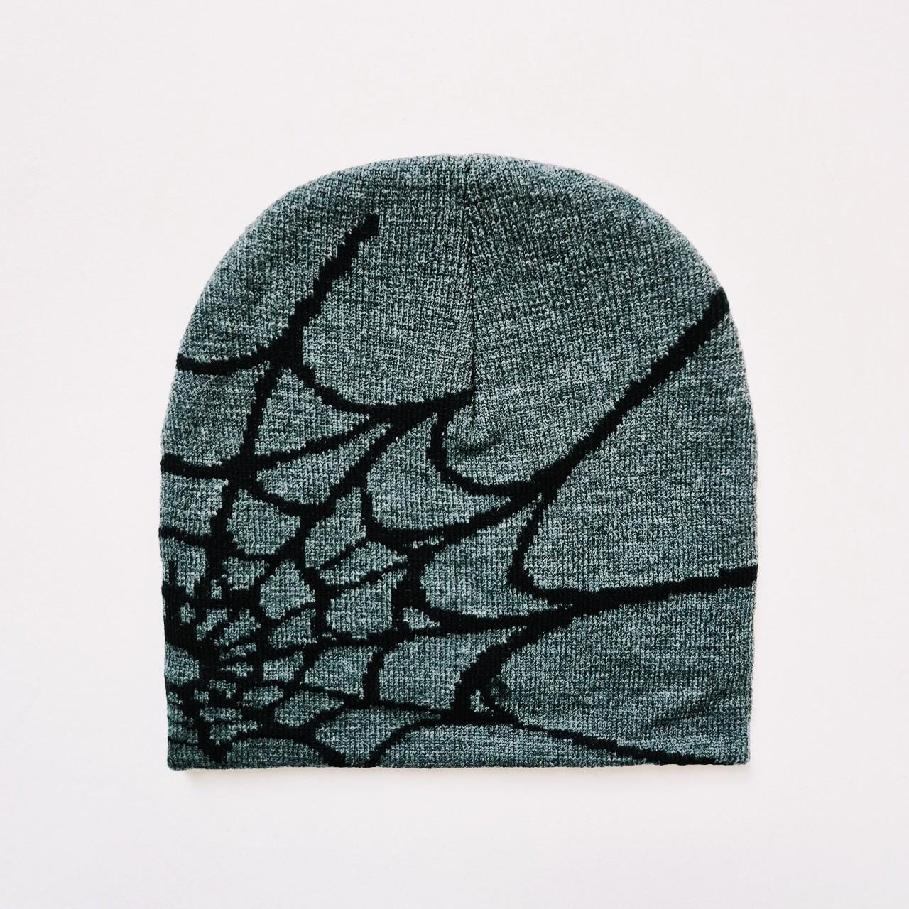 Vintage Brand New Y2K Dark Grey & Black Spider Spiderweb Beanie