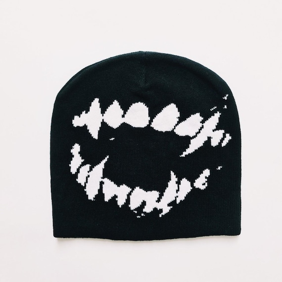 Vintage Brand New Y2K Black & White Teeth Fangs Beanie Hat / Hat
