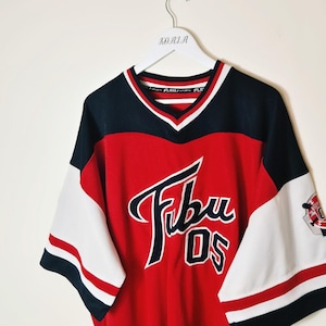 Vintage Y2K 90s 2000s Rare Red, Navy and White Fubu Jersey. Fubu 05 Jersey Top. Fubu Athletics 1992