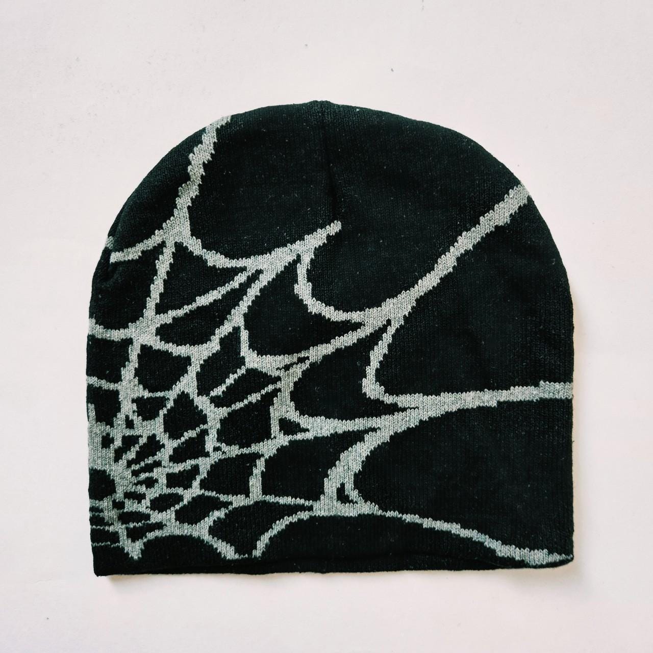 ヴィンテージ新品 Y2K ブラック＆グレー スパイダーウェブ ビーニー