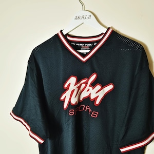 Vintage Y2K 90s 2000s Rare Black Pullover Striped Fubu Jersey. Fubu Sports Jersey Top