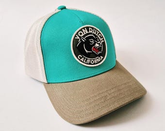 Vintage Green, Brown, Black Panther Logo Von Dutch cap / Von Dutch Cap / Von Dutch Trucker Cap. Deadstock New With Tags