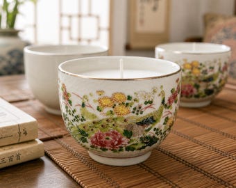 100% Soy hand-poured candle in a Vintage Upcycled Sanford Japan Oriental Peacock Teacup - Japanese Cherry Blossom scent