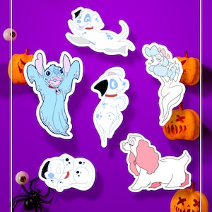 Spooky Puppy Ghost Sticker Pack - Vinyle imperméable, Dalmatiens, Lady, Stitch, Georgette, Oliver and Company, Autocollants d’Halloween, Autocollant NBC