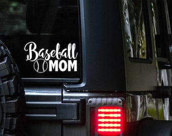 May include: A white vinyl decal applied to a dark vehicle window featuring the text Baseball MOM in a combination of script and block lettering, with a graphic of a baseball replacing the letter O in the word Baseball for a clean look.