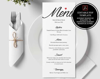 Menu template, wedding menu, printable menu, wedding template, printable wedding, instant download, menu printable, menu, calligraphy,pdf,01