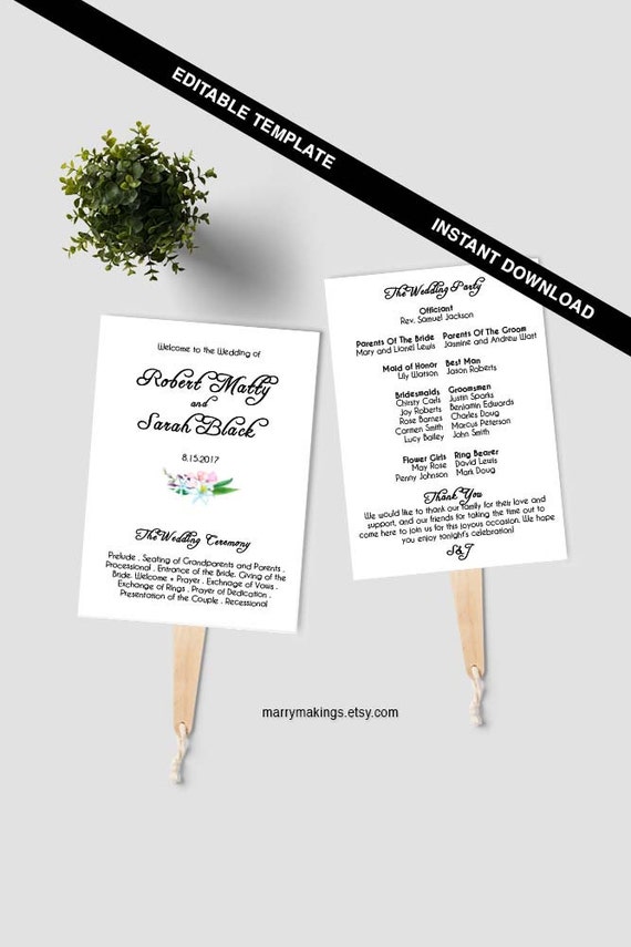 Wedding Fans Editable Fan Program Diy Wedding Fan Rustic Etsy