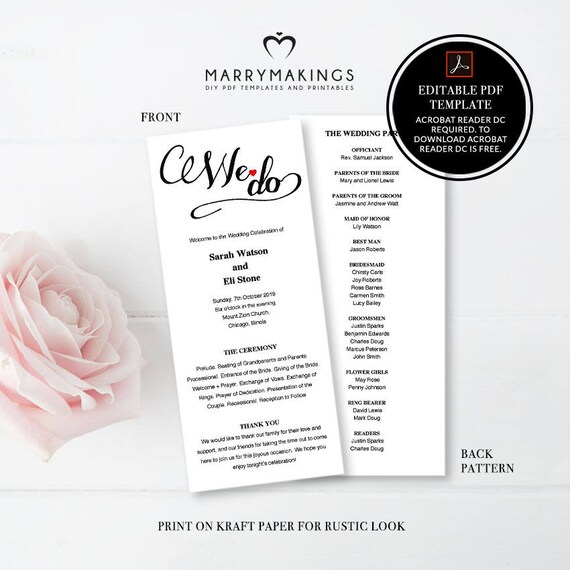 Program Template Wedding Program Diy Wedding Program Etsy
