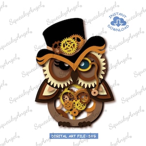 May include: A brown and gold steampunk owl with a top hat and goggles. The owl is made of paper and has a layered, 3D effect. The owl is a digital art file in SVG format.
