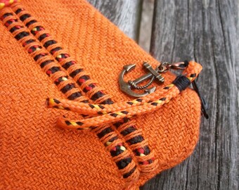 handgewebtes Mäppchen, kleine Tasche, Stifte Etui, orange schwarz, nautisch maritim, Anker Knoten Seil, Meer Ozean, Segeln Klettern