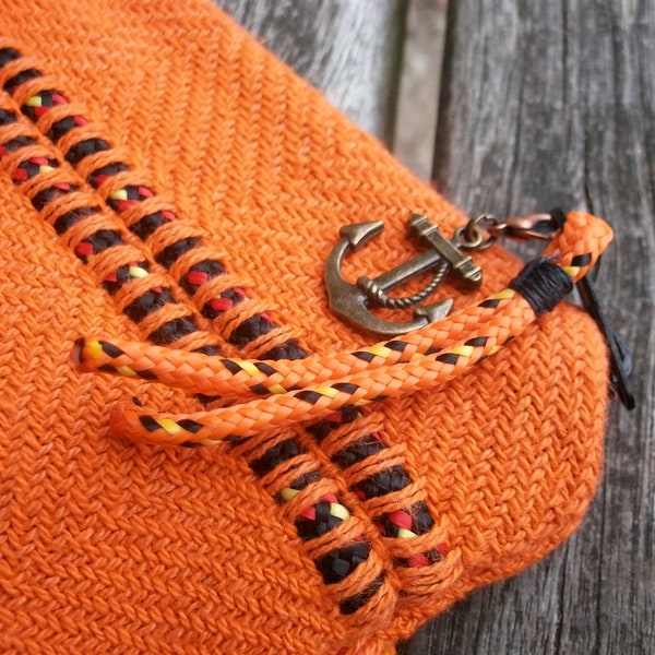 handgewebtes Mäppchen, kleine Tasche, Stifte Etui, orange schwarz, nautisch maritim, Anker Knoten Seil, Meer Ozean, Segeln Klettern