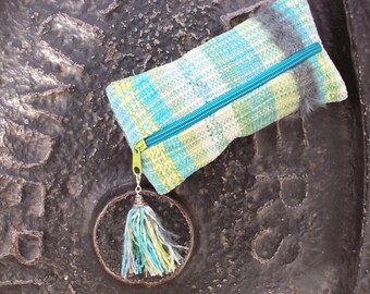 Hand-woven pencil case, boho, pastel blue green gray, cotton chenille, tassel pendant, for pens, odds and ends, mini toiletry bag, ooak