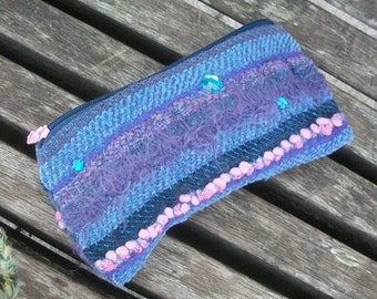 handwoven pencil case for pens and small items, blue purple pink, turquoise sequins, structure material mix, Saori, order handbag