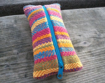 Pencil case, hand-woven, colorful stripes, yellow orange turquoise purple green, cotton linen, 10 x 20 cm, for pens, KCA 55 contrast program