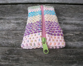 Hand-woven pencil case, stripes, pink purple yellow turquoise green, nostalgic floral lining, approx. 10 x 21 cm, KCA 55 contrast program