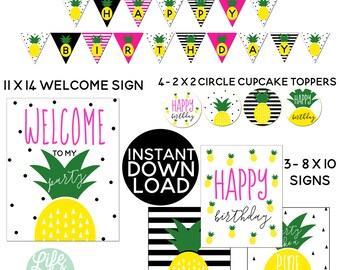 May include: Printable pineapple party decorations in black, white, pink, and yellow. Includes a welcome sign, banner, cupcake toppers, and signs. The text on the welcome sign says "Welcome to my party". The banner says "Happy Birthday". The cupcake toppers say "Happy birthday". The signs say "Happy birthday", "Party like a pineapple", and "Pineapple Apple".