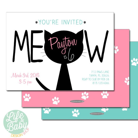 Kitty Cat Birthday Invitation | Cat Invitation | Kitty Cat Invitation | Meow Invitation- 5x7 with reverse side