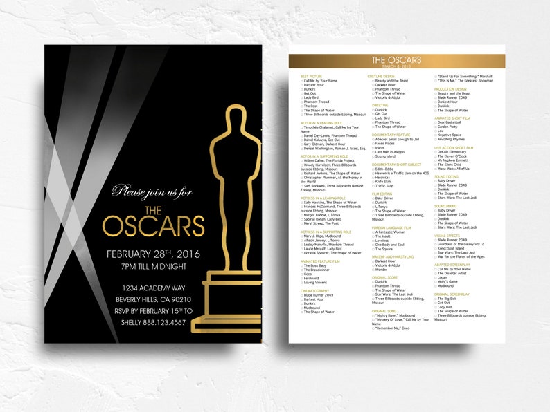 Oscar Party Invitation Oscar Invitation Academy Awards Invitation The Oscars Invitation 5x7 with Oscar Ballot reverse side image 1