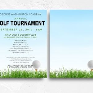 Op de afbeelding: Een blauwe en witte poster die het jaarlijkse golftoernooi van de George Washington Academy aankondigt op 26 september 2017 om 8:00 uur. Het toernooi wordt gehouden in de Avila Golf & Country Club in Tampa, Florida. De poster bevat details over het toernooi, waaronder de inschrijfkosten, de verschillende wedstrijden en de prijzen. De poster bevat ook een afbeelding van een golfbal op een tee.